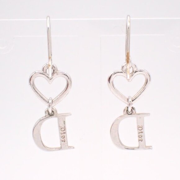 💖 Christian Dior Vintage Silver Heart D Dangle Earrings - Rhinestone Pave - Picture 2 of 3